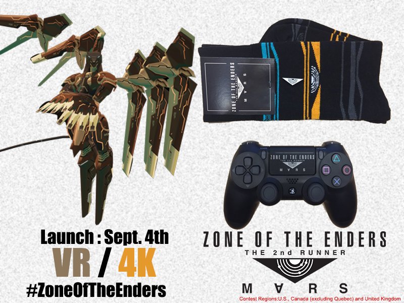 Konami's tweet photo. ZOE launches Sept. 4th, so let's bring the hype! RT this tweet by Aug 30th and respond with #ZoneOfTheEnders and let us know if you are playing in "VR" or "4K" and follow @Konami!  Two random winners will get this unique ZOE gear! US/Canada/UK only! Rules: https://t.co/mxtlTOrqWw https://t.co/qush2i1ZMm