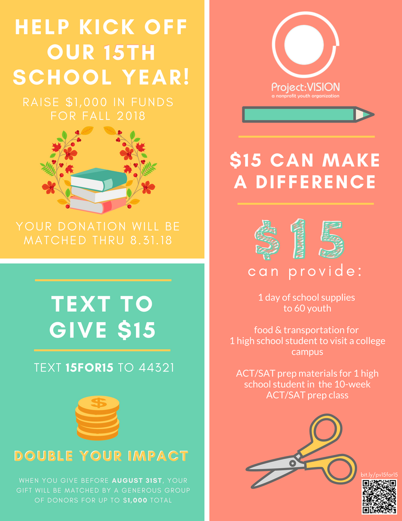 We're gearing up for the start of the new school year, our 15th! We've come a long way and if you'd like to support us in celebration, donate $15 for our 15th year of service: bit.ly/pv15for15 Give today to get your gift matched (doubled!)!
