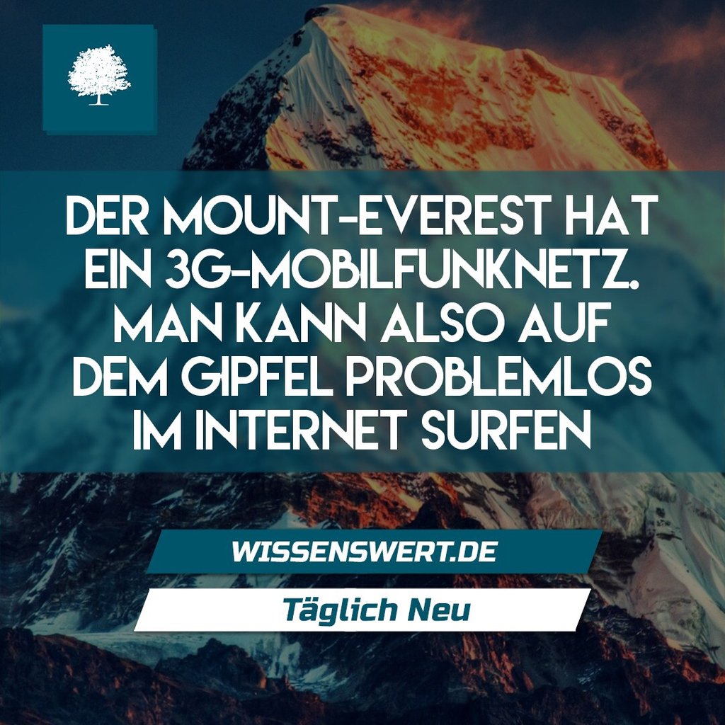 wissenswert_de's tweet photo. Der Mount-Everest hat ein 3G-Mobilfunknetz. Man kann also auf dem Gipfel problemlos im Internet surfen
.
.
.
.
.
.
.
.
.
.
.
#fakten #facts #fakten #fakt #wissen #knowdledge #mounteverest #mountain #berg #gipfel #china #himalaya #3g #internet #empfang https://t.co/BeYQBHN37B