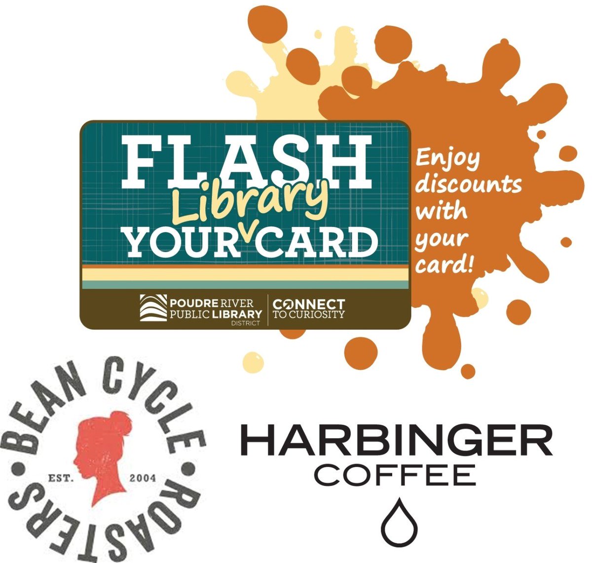 PoudreLibraries's tweet photo. Looking for a morning pick-me-up? Our #FlashYourCard partners, @harbingercoffee and Bean Cycle Roasters, both offer discounts on coffee drinks when you show your library card! Thanks for being part of the program! https://t.co/YWUguCC0qs