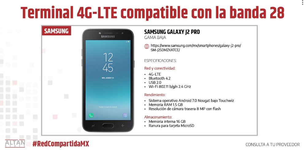 ALTANMx's tweet photo. La brecha digital no se cierra si no tienes acceso a Internet, con el Galaxy #J2pro de gama baja 4G-LTE que @samsungmobilemx homologó a la Banda 28 podrás disfrutar de una experiencia de conectividad de alta velocidad con la #RedCompartidaMx. Pide a tu proveedor la #RedParaTodos https://t.co/XpxnPFcXct