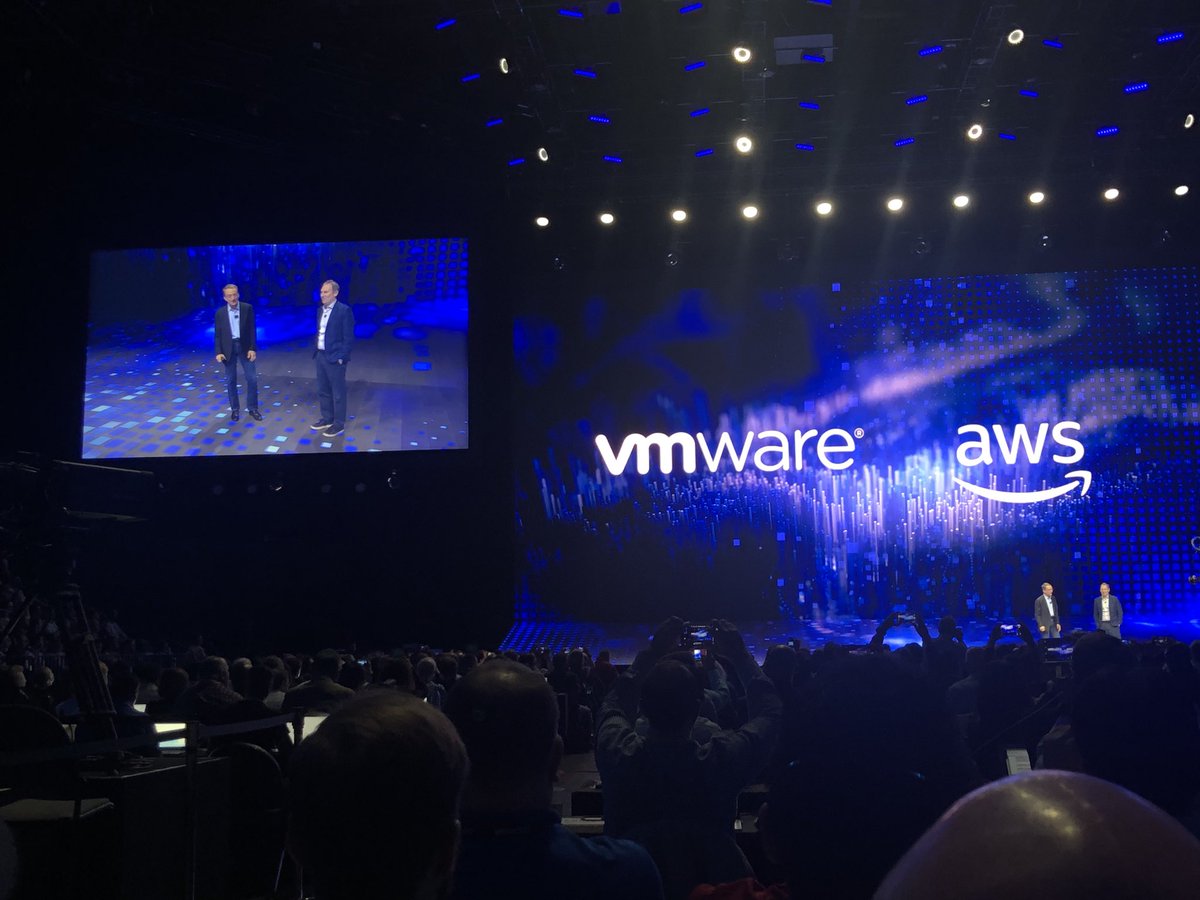 ArunKParam's tweet photo. How many companies have created a new industry category in the and executed against that vision. SDDC and now Multi-Cloud. Andy Jassy with Pat on stage to talk about how VMC ON AWS continues to accelerate innovation and global reach. India will be live in Q119. Excited. #vmworld https://t.co/D7WkkPkgor