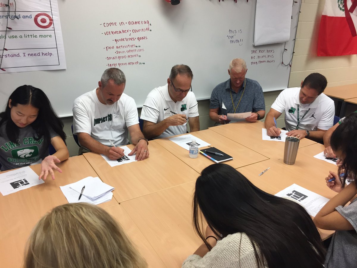 NCSD's tweet photo. Teachers and administrators taking a test, part of #StudentDialogues at #Impact18 💚#NoviPride #ncsdimpact18 https://t.co/FgEmxf3CGY