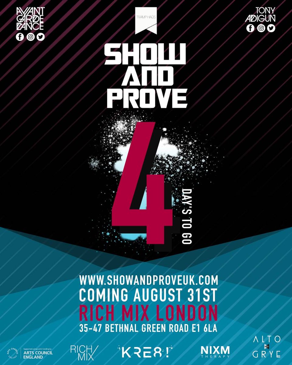 Are you joining us at SHOW AND PROVE THE BATTLES this year? ONLY 4 MORE DAYS TO GO! 
Incredible special guests installed and cash prizes up for grabs! 

Friday 31st August <a href="/richmixlondon/">Rich Mix</a>
6:30pm

See you there! #ukdancebattle #showandprovethebattles2018 goo.gl/TccpbB