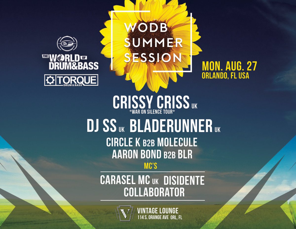 torquednb's tweet photo. tonight dnb double header at Torque -  @CrissyCriss War on Silence Tour stop as part of the WODB Summer Session Feat. DJ SS, @bladerunnerdnb &amp; more. #drumandbass #Orlando #torquednb https://t.co/RhlEVEqA0Q