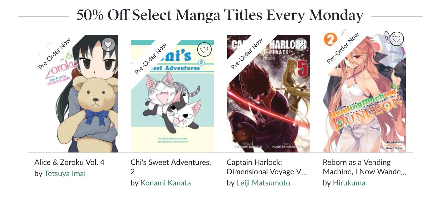 Broke Otaku Manga Mondays At B N T Co Url86f5g5a Alice Zoroku Vol 4 6 49 Chi S Sweet Adventures 2 5 97 Captain Harlock Dimensional Voyage Vol 5 6 49 Reborn As A Vending Machine