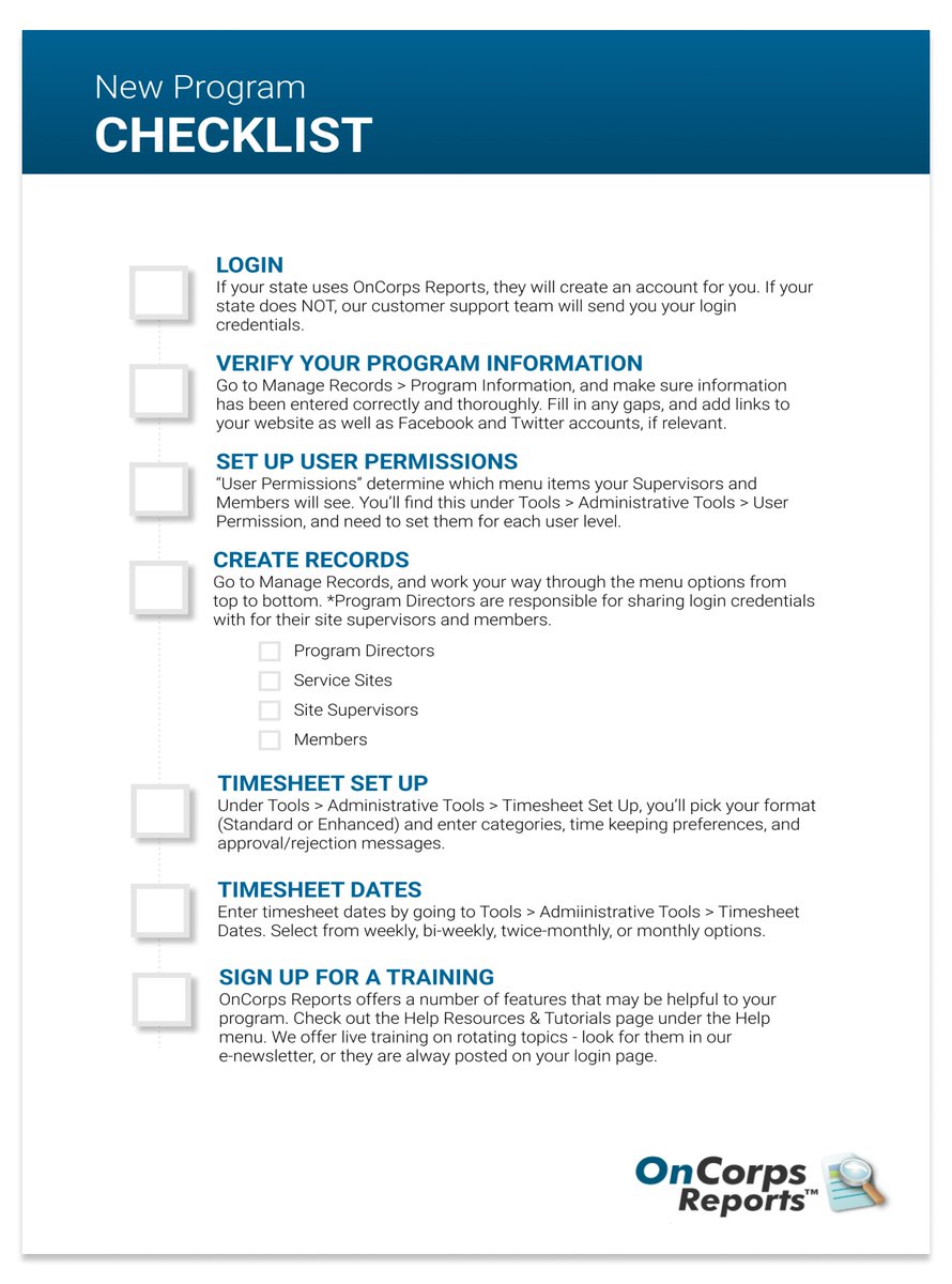 oncorpsreports's tweet photo. So you don't miss a beat as you get your program set up in OnCorps Reports, we've put together this checklist for new programs. Check it out below or on our blog: https://t.co/gALj3T1Fyn https://t.co/WLW7y2ok99