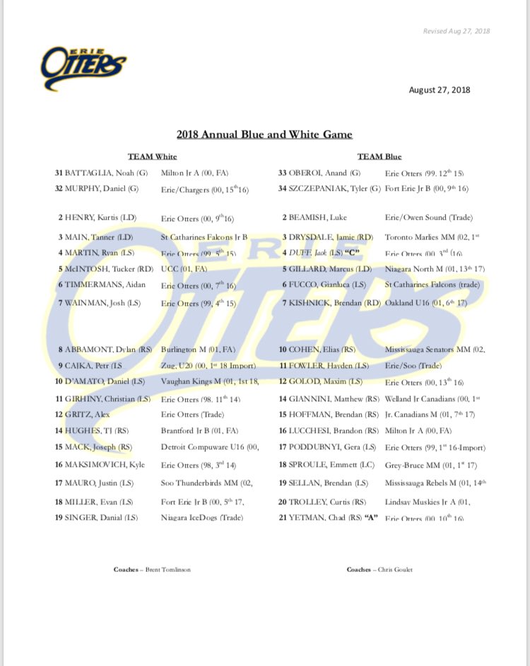 Erie Otters on Twitter "Joining us for tonight’s Blue vs. White