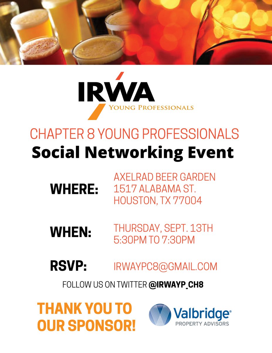 IRWAYP_CH8's tweet photo. Social Networking Event on Thursday, Sept. 13th at Axelrad in Houston! Come meet your new committee and don't forget to thank our sponsor @VPA_Houston  #socialnetworking #youngprofessionals #irwa @IRWAYP_Region2 @IRWAYP @IRWA_Network https://t.co/dvARqY5Q2k