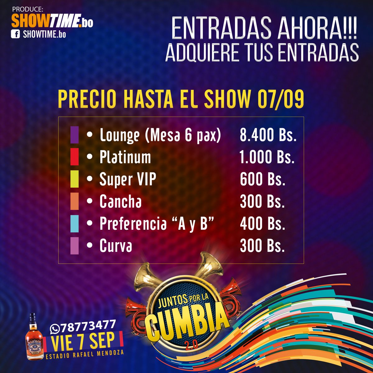 ShowtimeBo's tweet photo. 🔊🕺JUNTOS POR LA CUMBIA 2.0 🎶
➡VIERNES 7 DE SEPTIEMBRE - ACHUMANI 🚨
Todos los sectores en preventa, a cuál vas a ir?
Llega la noche de la cumbia, fiesta y diversión en nuestra hermosa ciudad maravilla junto a Aleks Syntec, Jenny and the Mexicats y Jay de la Cueva, Matute!!! https://t.co/md76zGNHDD