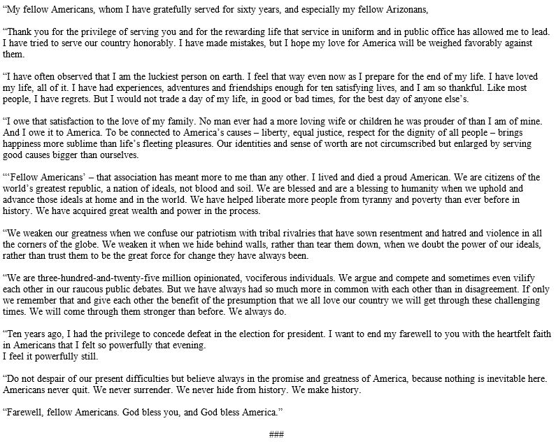 BreakingNews's tweet photo. @AP A farewell statement from the late John McCain. https://t.co/QFQ0isapuy