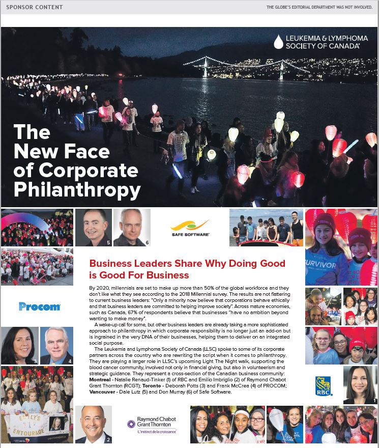SLLCQuebec's tweet image. Today in @globeandmail: The important work of LLSC could not be sustained without the incredible support of businesses like @RBC, @RCGT, @ProcomCWS, @SafeSoftware. Thank you for your role in the fight against blood cancers! #businessfightingbloodcancers