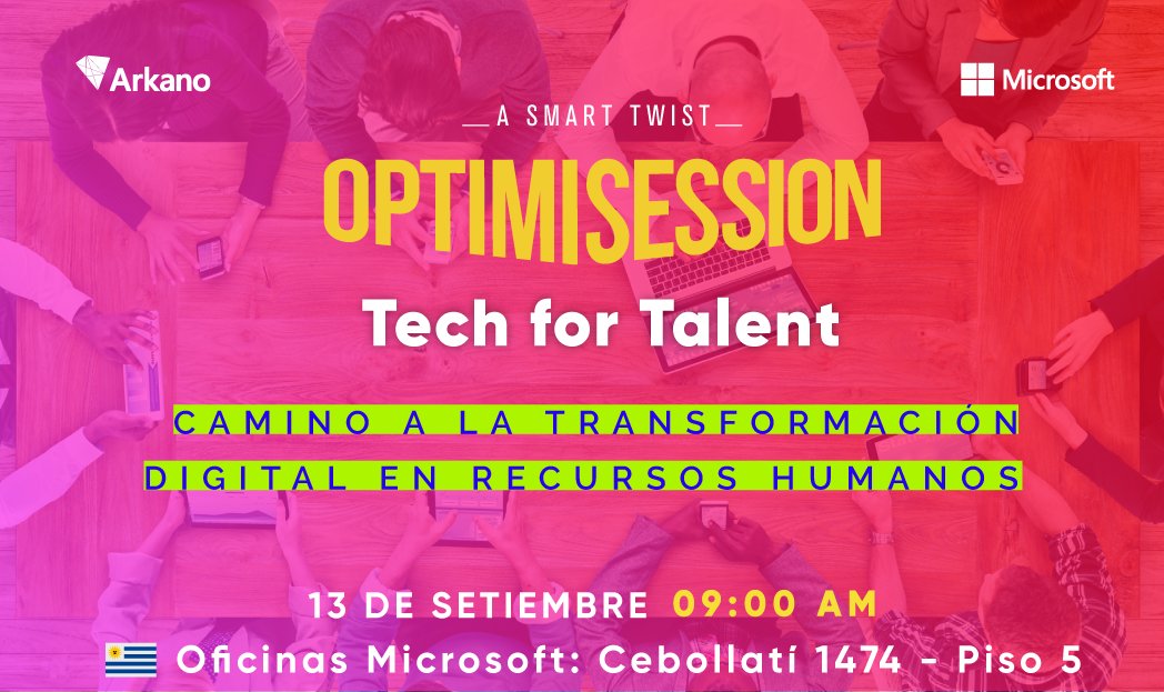 arkanosoftware's tweet photo. Nos alegra anunciar ya un nuevo #OptimiSession 🇺🇾
Tech for #Talent: vamos a presentar soluciones basadas en tecnologías #Microsoft que están cambiando la forma de gestionar los #RecursosHumanos
Un giro moderno a tu empresa 🔃 Inscripciones + info acá: https://t.co/eAlj5TMvqk https://t.co/85ZdVsBXaG