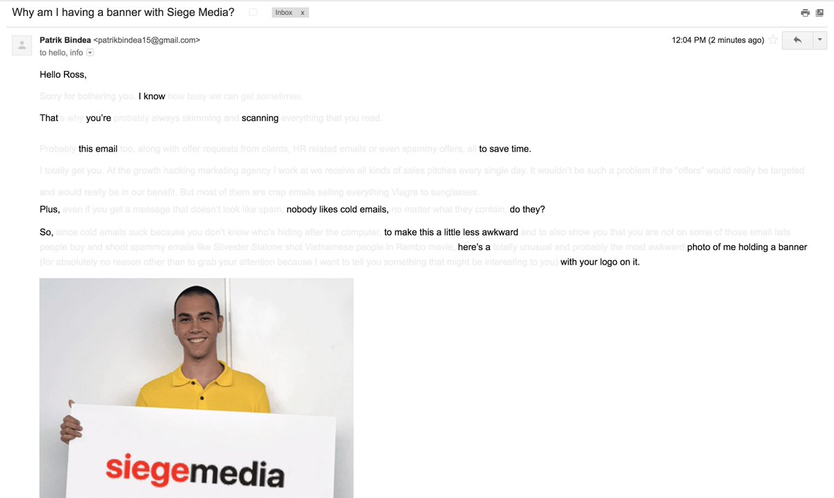 RossHudgens's tweet photo. This is the most creative outreach email I've ever gotten. 

It's a lot longer than this/gets into his value-add as a writer. We won't use him, but I can see how some would. https://t.co/9XwEp5YEZs