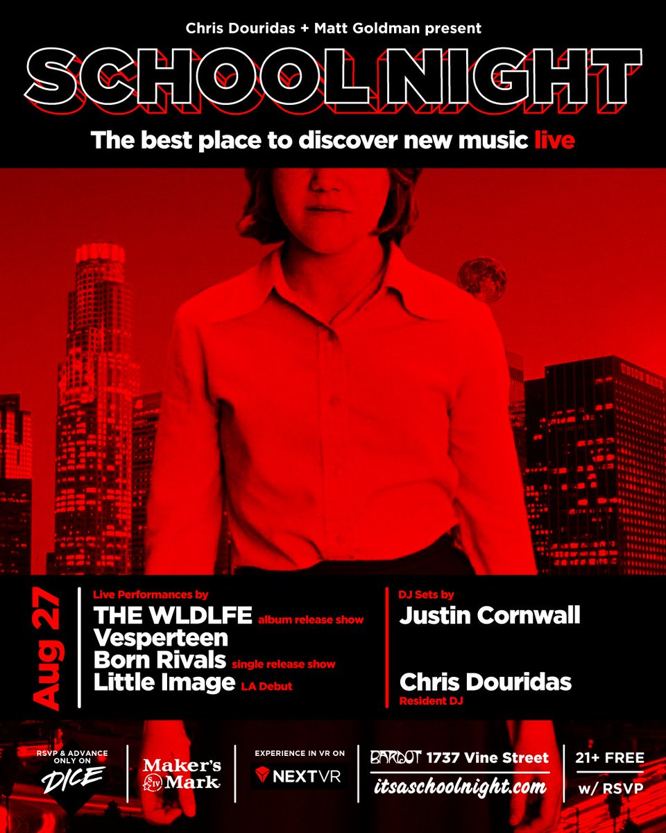 Every Monday night is School Night at <a href="/Bardot_Hllywd/">Bardot</a> 🎶 Tonight you can see <a href="/the_wldlfe/">The Wldlfe</a> <a href="/_VESPERTEEN_/">\⁄⁄ espertweets™</a> <a href="/bornrivalsmusic/">Born Rivals</a> <a href="/LittleImageTX/">little image</a> <a href="/WhatJustin/">Justin</a> &amp; <a href="/chrisdouridas/">chris douridas</a> at <a href="/ItsASchoolNight/">School Night</a>.⚡
➡️bit.ly/2MWFMaX