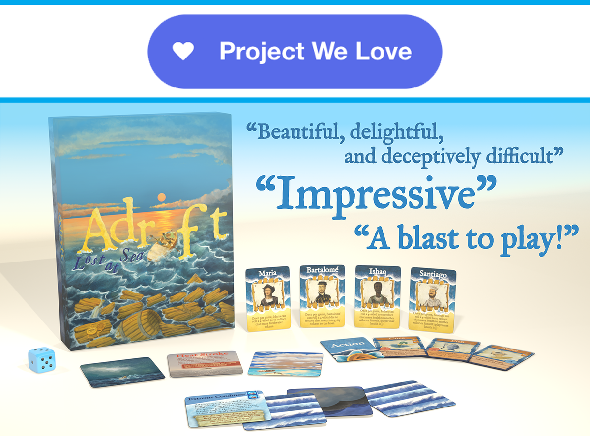 AdriftGame's tweet photo. Shiver me timbers! 
#AdriftGame was just featured as a "Project We Love" on @kickstarter! We are so beyond grateful for your support! We love that YOU love Adrift!

#boardgames #cardgames #indiedev #gamedev https://t.co/10M3k1Ho8p