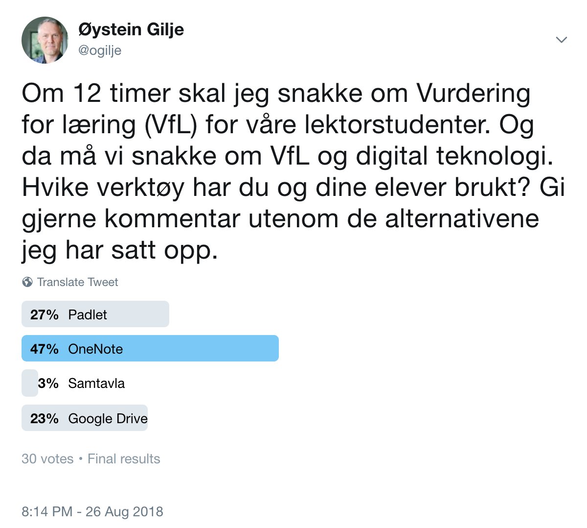 ogilje's tweet photo. Tusen takk for tilbakemelding på min helt uformelle undersøkelse om #VfL og digital teknologi. Og ikke minst en smørbrødliste av apper jeg ikke fikk plass til på mine fire alternativer. #padlet #OneNote #samtavla #googledrive https://t.co/Gmgq08sD2e