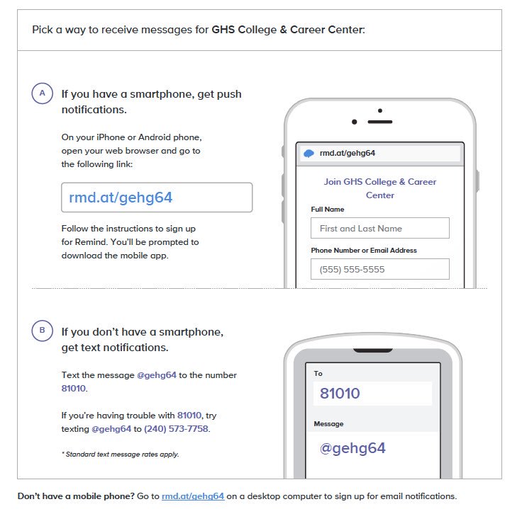 GHS_CCC's tweet photo. Sign up for message reminders from the CCC about upcoming events, college visits, scholarships and more! https://t.co/tXEcN1p0eA