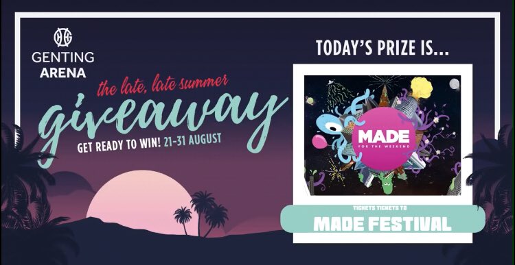 bppulseLIVE's tweet photo. RT &amp; FOLLOW @GentingArena for the chance to win...

A pair of tickets to MADE Festival where the likes of Chase &amp; Status, Giggs, Pusha T, Gorgon City, Stefflon Don and loads more will be performing! #WIN https://t.co/e9BxqkJscA
