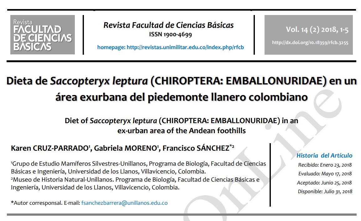 FCB_RevistaUMNG's tweet photo. Se estima que más del 70% de los #murciélagos son consumidores de #insectos. En este trabajo de investigación, se analizó la dieta de una colonia de #Saccopteryx leptura, una especie tolerante a ambientes urbanos #neotropicales de zonas bajas. @unillanos_ https://t.co/kCjTApyoag https://t.co/uqovIkId4C
