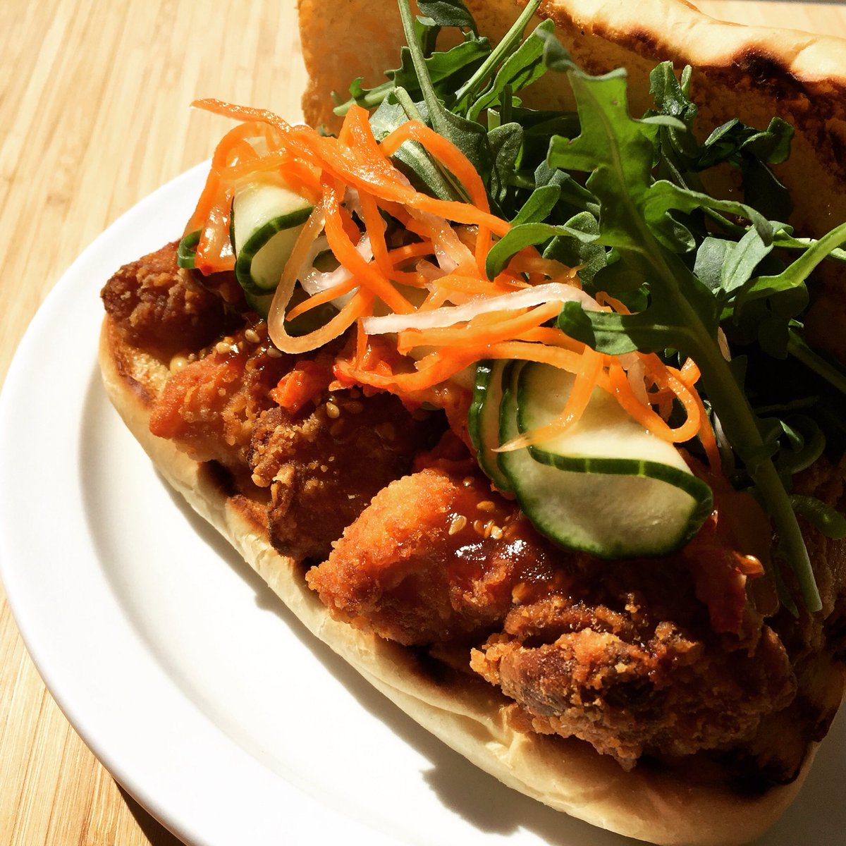 Start your week off right with one of our Crispy Chicken Sandwiches! Fried Free-Range Chicken w House Made Kimchi, Korean BBQ Sauce &amp; Pickles on a fresh Bond Bonds Bakery Bun! Mondays are hard, so enjoy your lunch! #yyj #yyjfood #yyjeats #eatlocal #pang #pangwich #sandwichculture