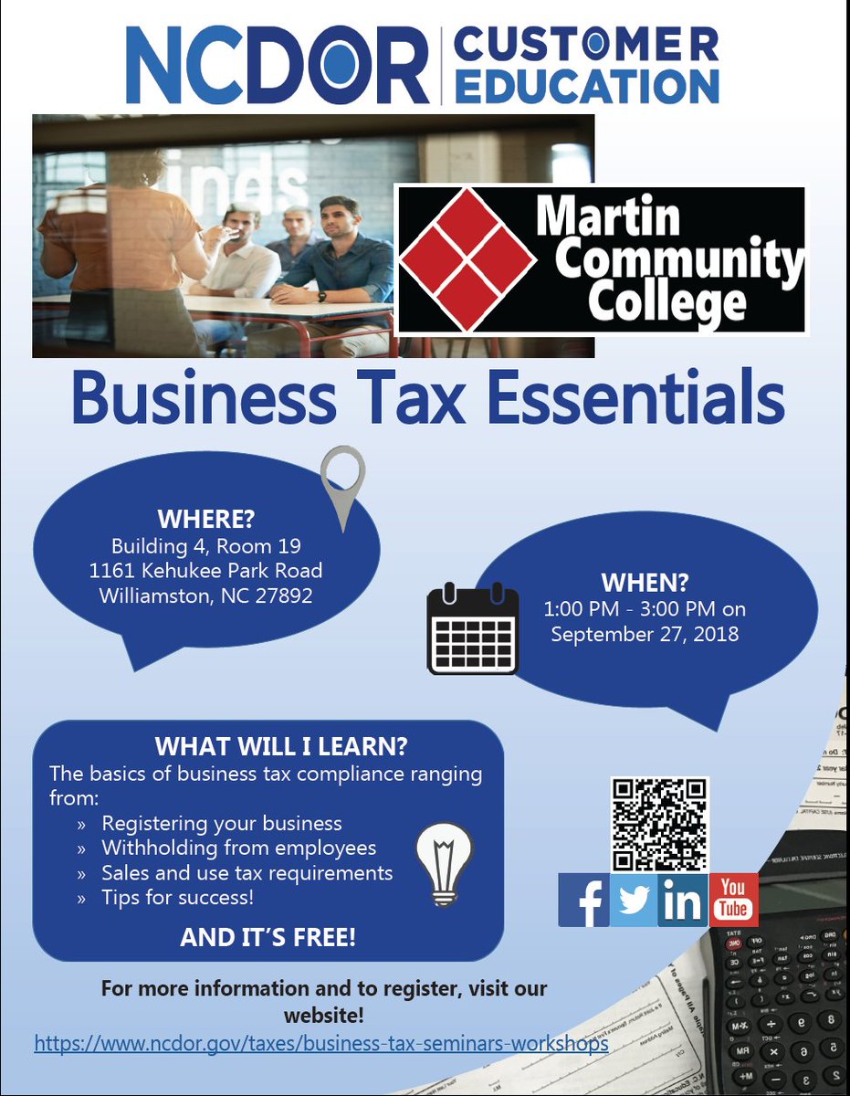 In addition to the free classes offered at the Pitt Community College Small Business Center, Martin Community College is offering a free class on business tax essentials. See the flyer for more details.