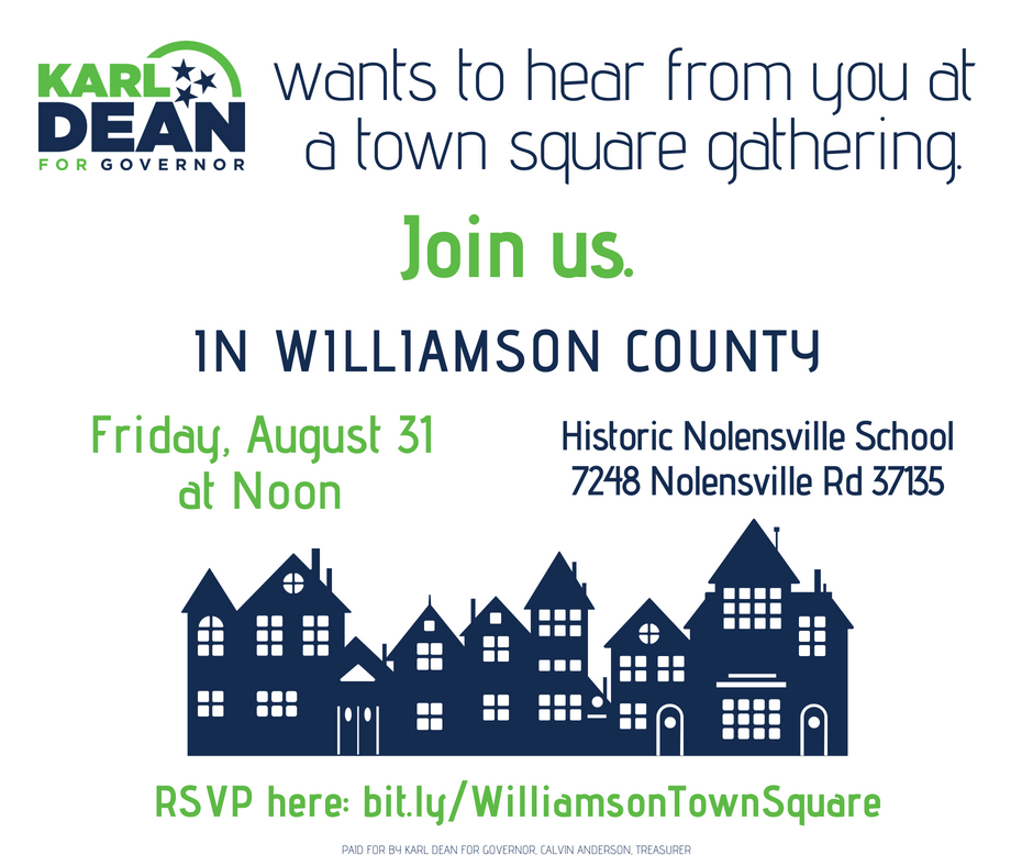 _Brady_Harper_'s tweet photo. #Williamson County, this Friday at noon Karl Dean will be in Nolensville answering questions from voters as part of his Town Square Campaign. Come out and have your questions answered about how @KarlFDean will move the state forward. Rsvp Here: https://t.co/cwf5x7Xe8W #TeamDean https://t.co/jhj4iYMU3f