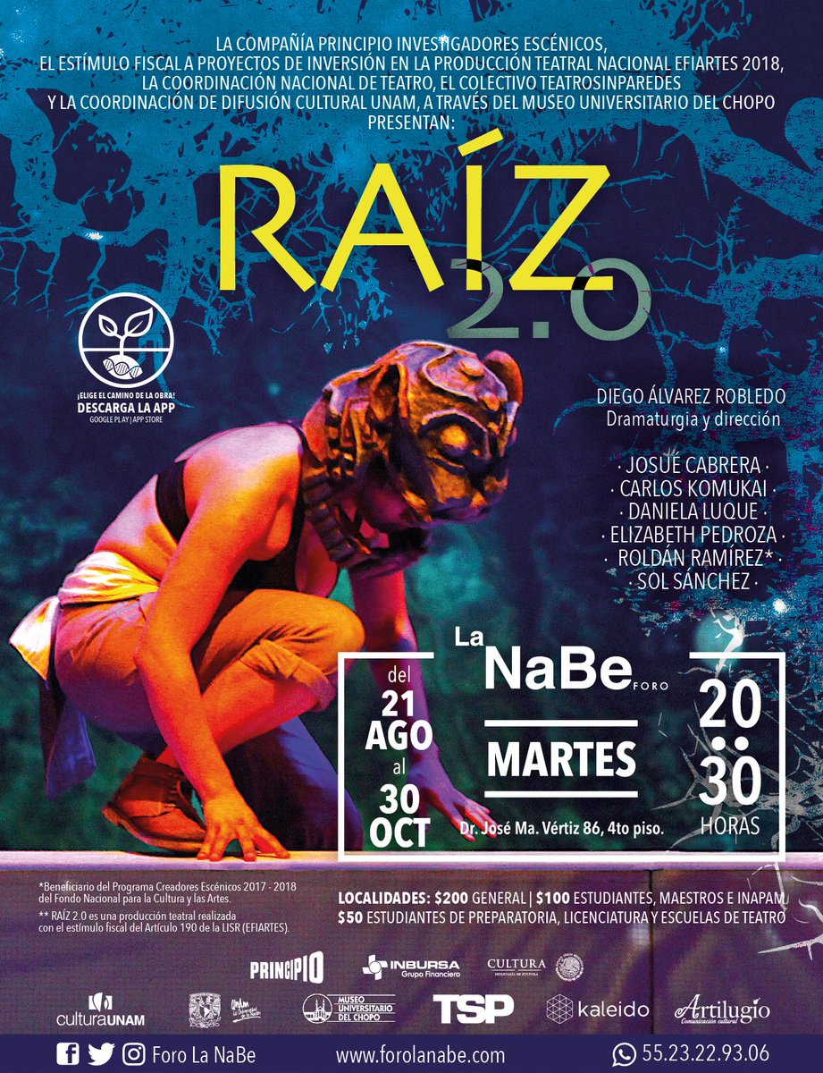 ForolaNabe's tweet photo. Mañana está #Raiz20 aquí en #LaNaBe una propuesta de @principioie y dirigida por @diegoalro. Hay boletos desde 50 pesitos. ¡Hay estacionamiento! @Noti_Teatro @GuiaCiudadMx @DONDEIRweb @CDMX_Travel @AnaPatriciaYae3 @Rosalba_CR #FelizLunes https://t.co/VlchvTb6lH