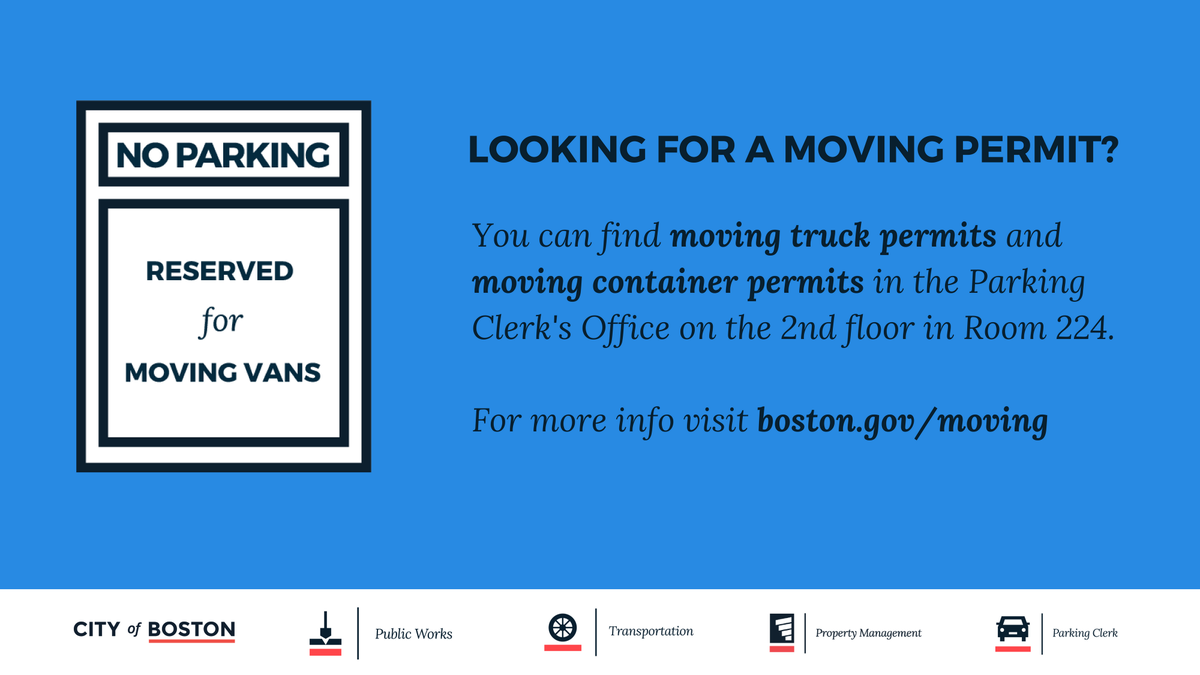 Incoming students to <a href="/CityOfBoston/">City of Boston</a> - do you need to reserve a parking spot for your moving truck? The new office on the 2nd Floor of City Hall offers an expedited service that saves you time! For more information:  boston.gov/moving