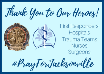FloridaACS's tweet photo. The #FCACS would like to send out its heartfelt sympathies to those affected by yesterday's tragedy in #Jacksonville. Thank you to the amazing first responders, hospitals, trauma teams, nurses and surgeons for their wonderful efforts. #PrayForJacksonville https://t.co/gLvz7WZf7y