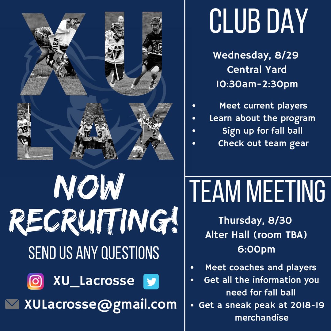 Want to learn more about Men's Lacrosse? Check us out this Wednesday at club day, and sit in on our team meeting this Thursday at Alter hall! This team meeting is crucial for all prospective players. Feel free to reach out to us with any of your questions! #xu2022 #clubday