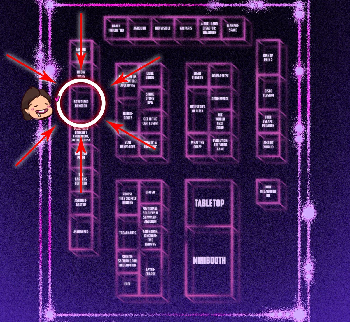We're almost at #PAXWest2018!! 

Here's where you can find us at the <a href="/IndieMEGABOOTH/">Indie MEGABOOTH</a> during the event -- feel free to save it so that the roadmap to sword smooching is close to your heart. 😘 #BoyfriendDungeon

indiemegabooth.com/project/boyfri…