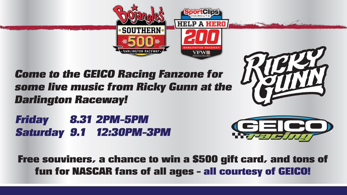 RickyGunnMusic's tweet photo. Who’s gonna be at @TooToughToTame this labor day weekend? 
@nascar is in town and it’s going down at The @GEICORacing Fanzone, with @RickyGunnMusic and band! 
Nothing like Guitars &amp; Race Cars to start the weekend off! 
Be sure to call tel:+1-800-207-7847 for your insurance needs! https://t.co/Do4pU11QyM