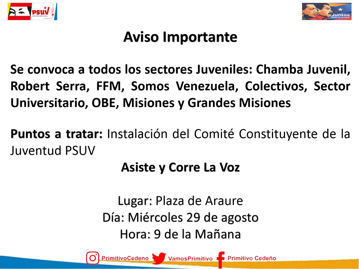 PsuvAraure2018's tweet photo. Aviso Importante 
Camarada de la Juventud difunde la Información y Participa 
#ConPrimitivoCedeño
@NicolasMaduro @rafaelcalles @VamosPrimitivo https://t.co/dxmgV8SsSp