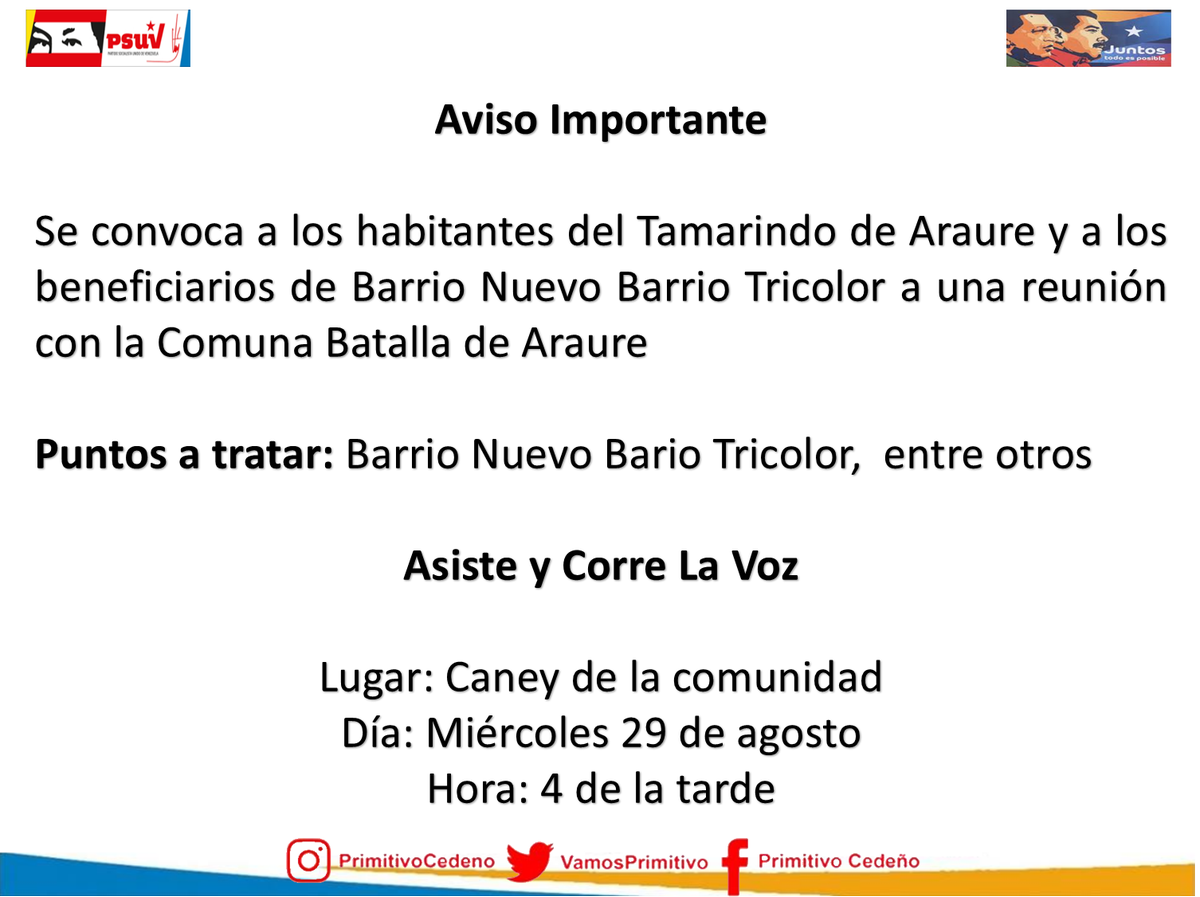 PsuvAraure2018's tweet photo. Aviso Importante para los habitantes de la Comunidad El Tamarindo de Araure
#ConPrimitivoCedeño
@NicolasMaduro @rafaelcalles @VamosPrimitivo https://t.co/TlQyr8DOJv