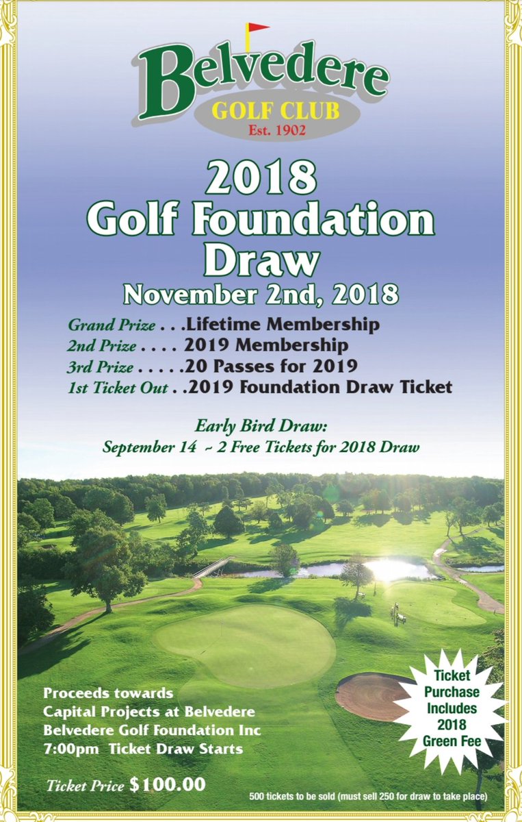 It's that time of year again at Belvedere! Our 2018 Golf Foundation Draw is happening on November 2nd! There are only 500 tickets printed and many have sold already. Only $100 each, and you receive a greenfee pass valued at $65!!! #golfPEI #Belvedere2018 
#FoundationDraw