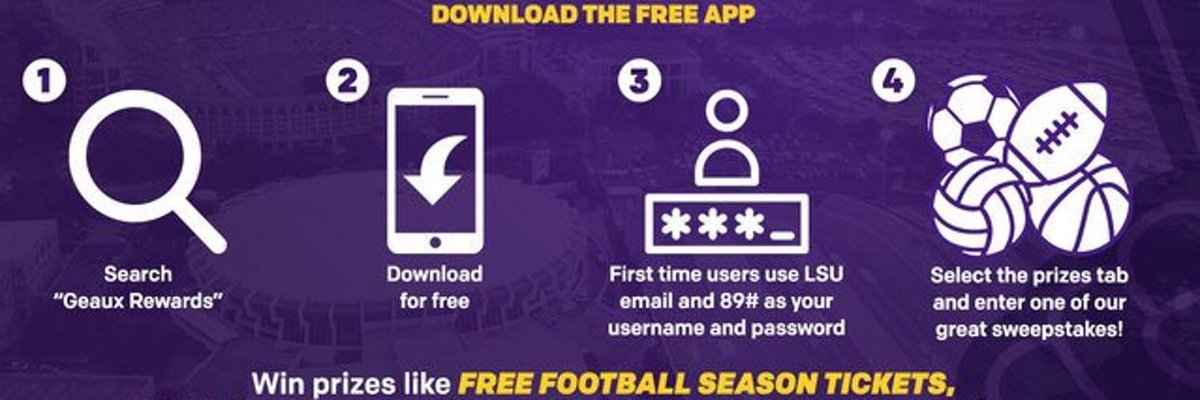 GeauxStudents's tweet photo. Make sure you download geaux rewards from the App Store to start receiving points for attending LSU sporting events! These points are used to win LSU prizes! https://t.co/enkmpvcNMO