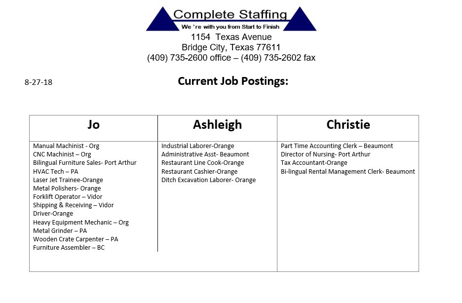 CompleteStaffTX's tweet image. Take a look at this week's job list! Some have been filled and new openings have replaced them! Call 409-735-2600 if interested! :)