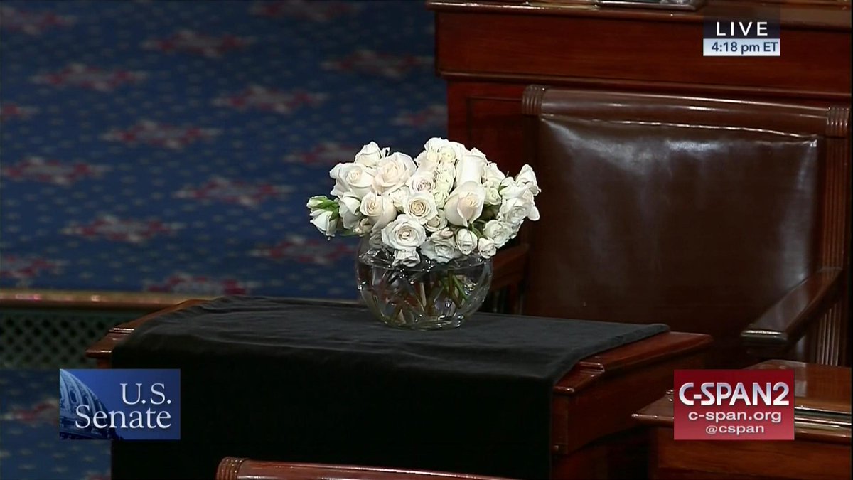 cspan's tweet photo. Desk of Senator John McCain in the U.S. Senate. https://t.co/6lYavn3ujf