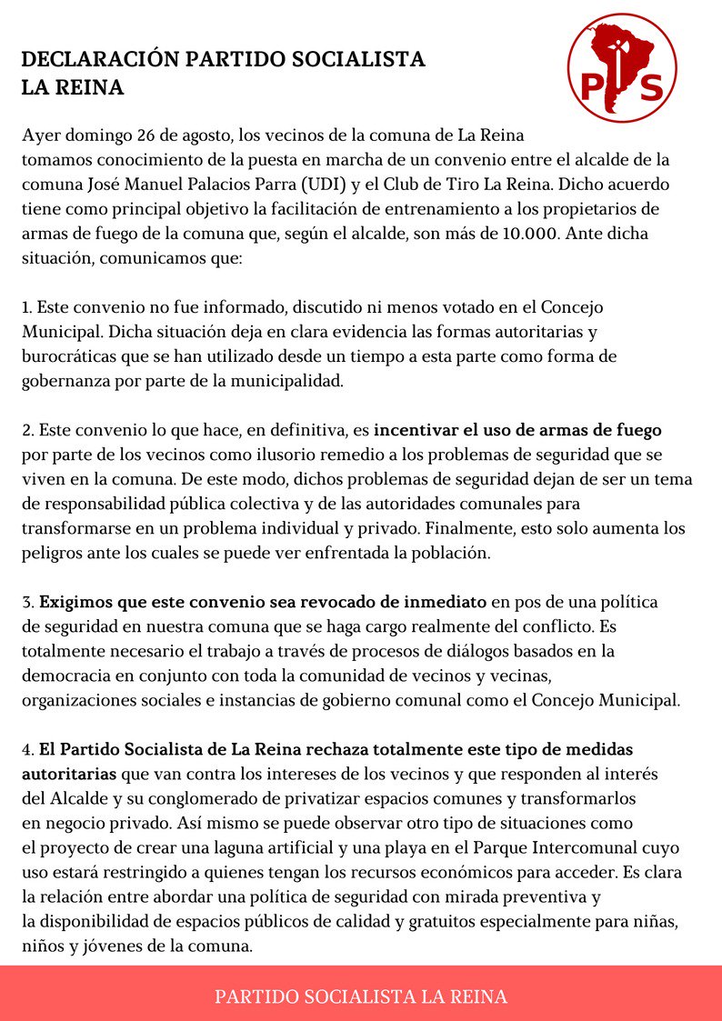 Como PS La Reina esto declaramos ante el convenio hecho por <a href="/JMPalaciosParra/">José Manuel Palacios</a>  en la <a href="/MuniLaReina/">La Reina</a> 

<a href="/PSChile/">Partido Socialista de Chile</a> <a href="/lareina_alerta/">La Reina Alerta</a> <a href="/Comuna_La_Reina/">Comuna La Reina</a> #LaReina @Prensa_Maya <a href="/carlosmontestwt/">Carlos Montes</a>
