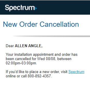 allenangle's tweet image. Your communication tech must be as old as your DVRs and coax @GetSpectrum, just got this email today, glad I wasn't still waiting!!! #lightingfast