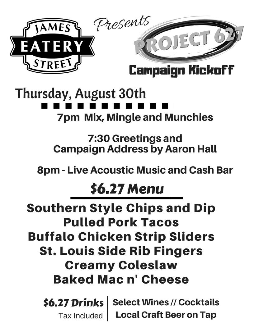 Aaron__Hall's tweet image. Here's the special #Project627-themed menu for Thurs. Aug. 30 at James Street Eatery in #Wallaceburg. Check out the amazing $6.27 deal for the meal and drinks! Let me know if you can come: facebook.com/events/5382101… #Project627 #CampaignLaunch #CKElection2018 @MunicCK 🍴🍷🍻🗳️☑️