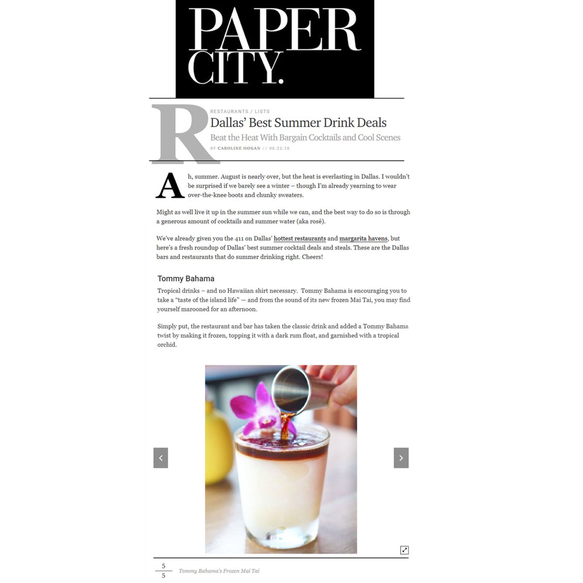 OrsiPR's tweet photo. Beat the heat with a frozen paradise. @TommyBahama's frozen Mai Tai is featured in @PaperCityMag's list of Dallas' Best Summer Drink Deals! https://t.co/8EZw9KhMtm