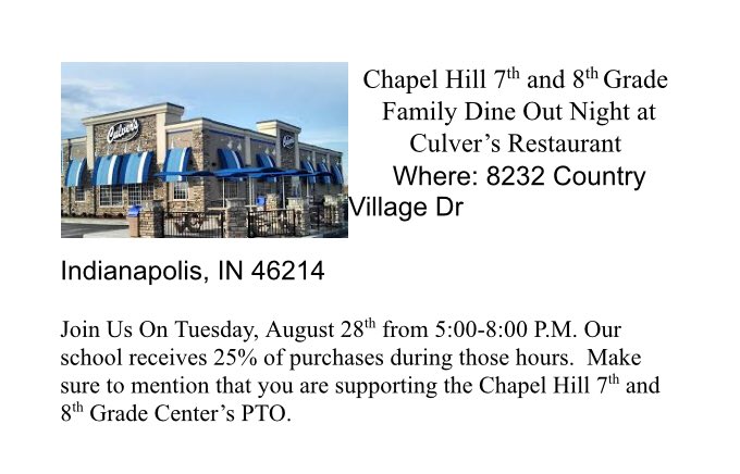 CHCPTO's tweet photo. Come see us at Culver’s on Rockville Road tomorrow from 5-8 pm. 25% of whatever you purchase is donated to Chapel Hill 7th and 8th  Center! Feel free to volunteer with us running orders to cars or out to the dining area! 

https://t.co/fXBSWVj7YA

Hope to see you there! https://t.co/xMXcOcdw0N