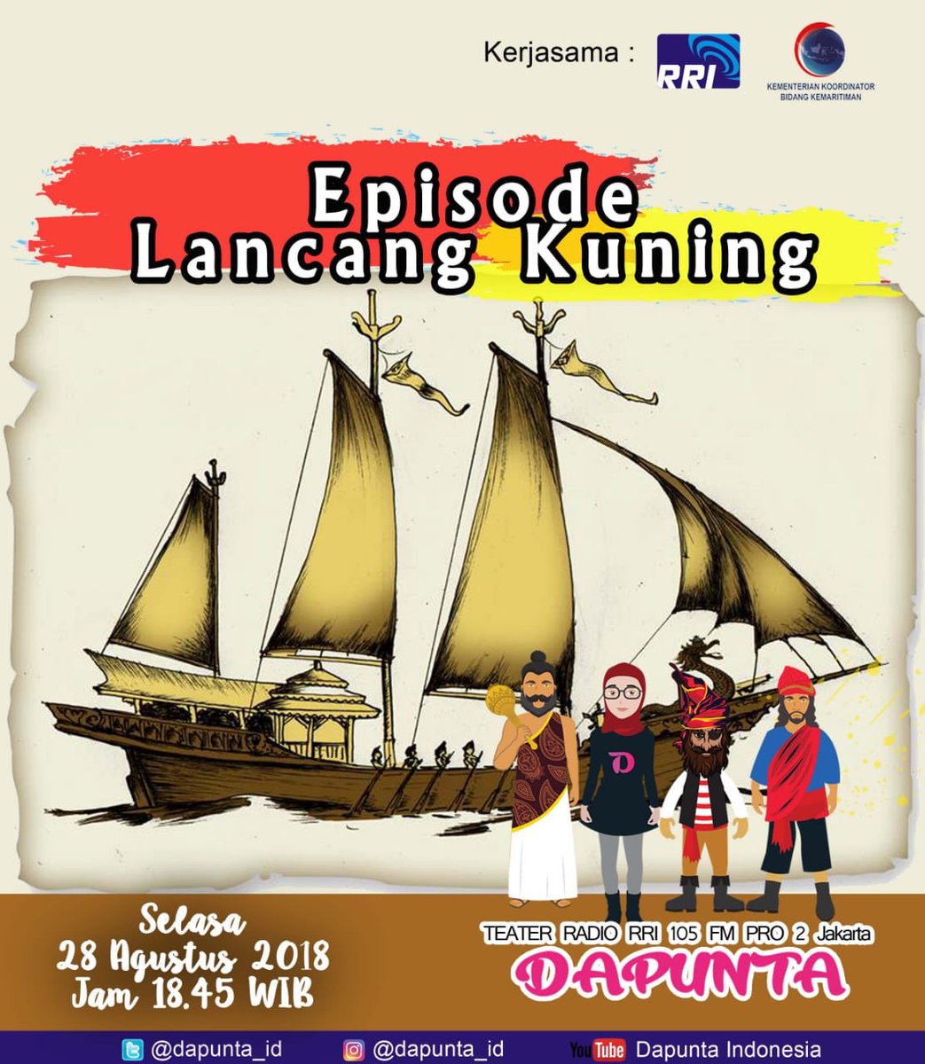 dapunta_id's tweet photo. sudah ada yang tau legenda perahu lancang kuning? kalo belum tau nanti sore jam 18.45 tune di 105 FM ada petualangan Dapunta ke negeri lancang kuning mencari buku ajaib. kerjasama keren dari @Pro2Jak dan @kemaritiman https://t.co/8xsuX7Fund