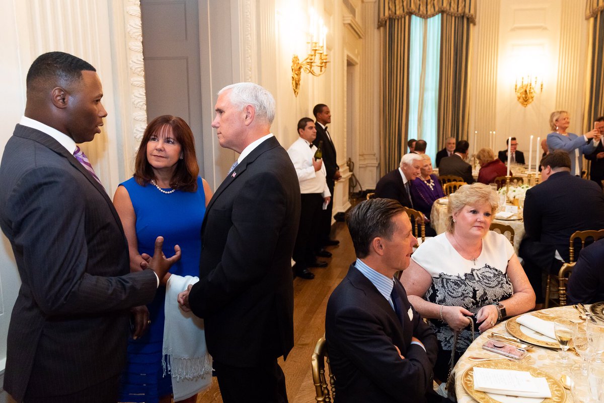 VP45's tweet photo. Honored to join @POTUS &amp; @FLOTUS tonight at the @WhiteHouse to celebrate strong and inspiring evangelical leadership. This administration stands for protecting religious liberty for all &amp; is grateful to faith leaders for their tireless service to their neighbors &amp; communities. https://t.co/jBx9a8TMI1
