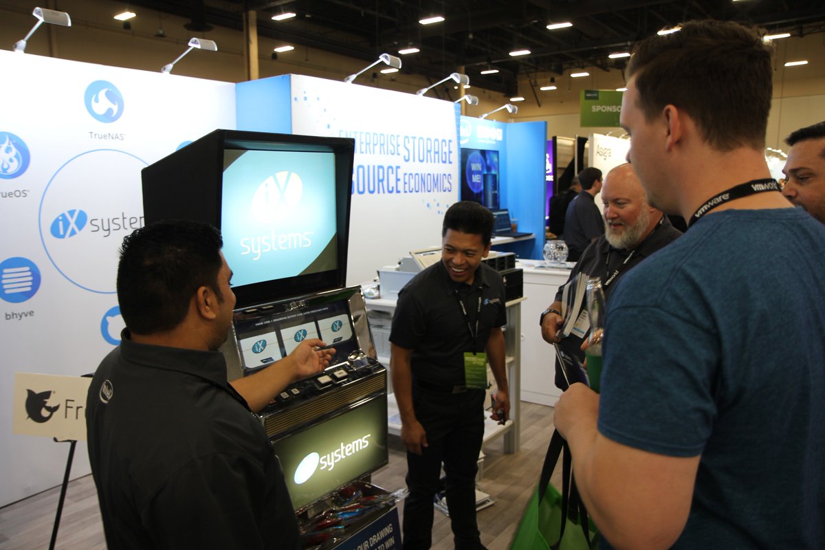 iXsystems's tweet photo. Come and try your luck on our slot machine at our booth #2224 at @VMworld 2018! One lucky attendee was able to hit the jackpot and we were lucky enough to get our staff member's reactions. #VMworld #OpenSource #TrueNAS #FreeNAS #iXMag #iXsystems https://t.co/m7h6SWNzgI
