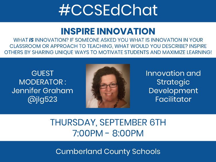 katye_smith's tweet image. Hey! Did you know @jlg523 will be hosting our September chat? It’s next Thursday, Sep. 6th at 7pm! We will be taking about 🌟 INSPIRING INNOVATION 🌟 #moderatorspotlight #ccsleads #CCSEdChat