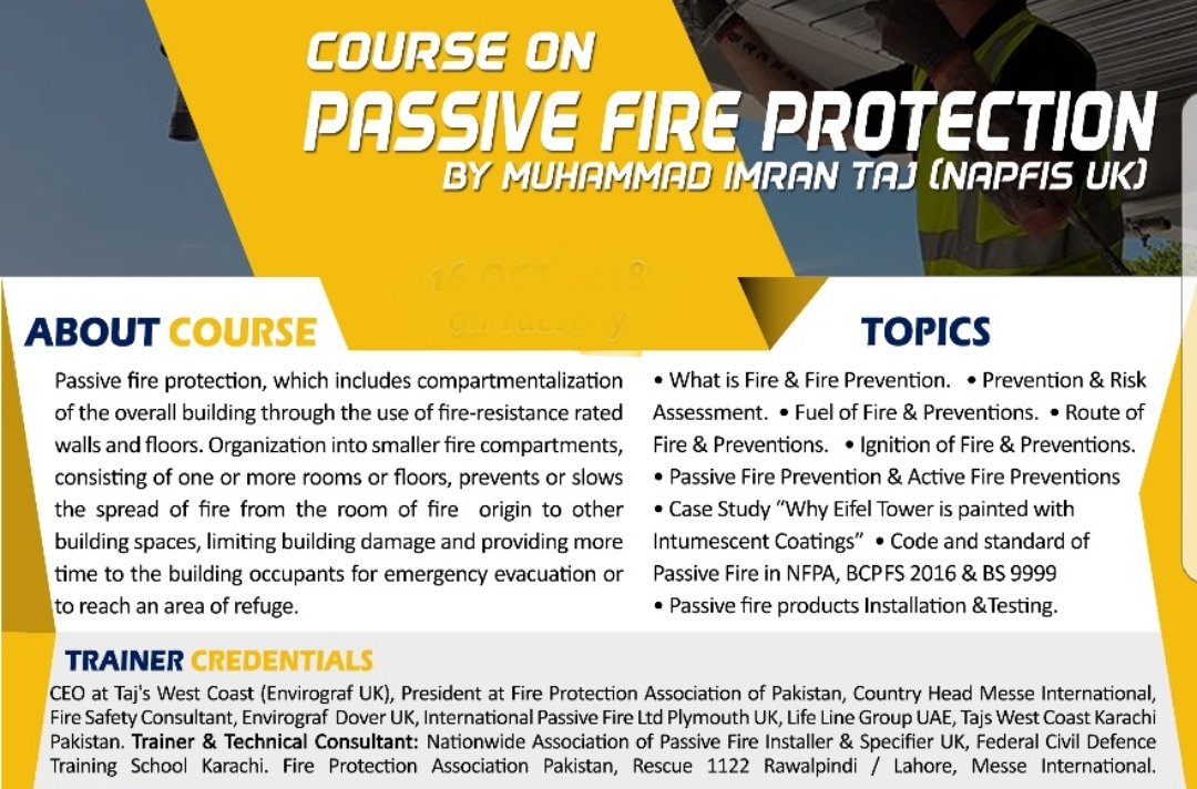 tajswestcoast's tweet image. Next workshop in Islamabad on 29th August  Serena Hotel &amp;amp; on 30th August at Marriott Hotel Islambad. On Fire Protection in the Fabrics of the building "Passive Fire Prevention".
#Fpap #Envirograf #mimrantaj