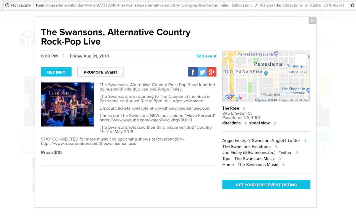 YMTheBevHillsPR's tweet photo. #PasadenaBreakingNews calendar posts The Swansons -Alternative Country Rock band performing at The Rose in Pasadena on Aug 31 18 at 8pm! @SwansonsAngie @SwansonsJoe
Link https://t.co/0HCMSJkF14
Tickets https://t.co/YXupzVTwFy
#TheSwansons #CountryMusic#Concert #TheRose #YMPR https://t.co/cdvrDr9BVK